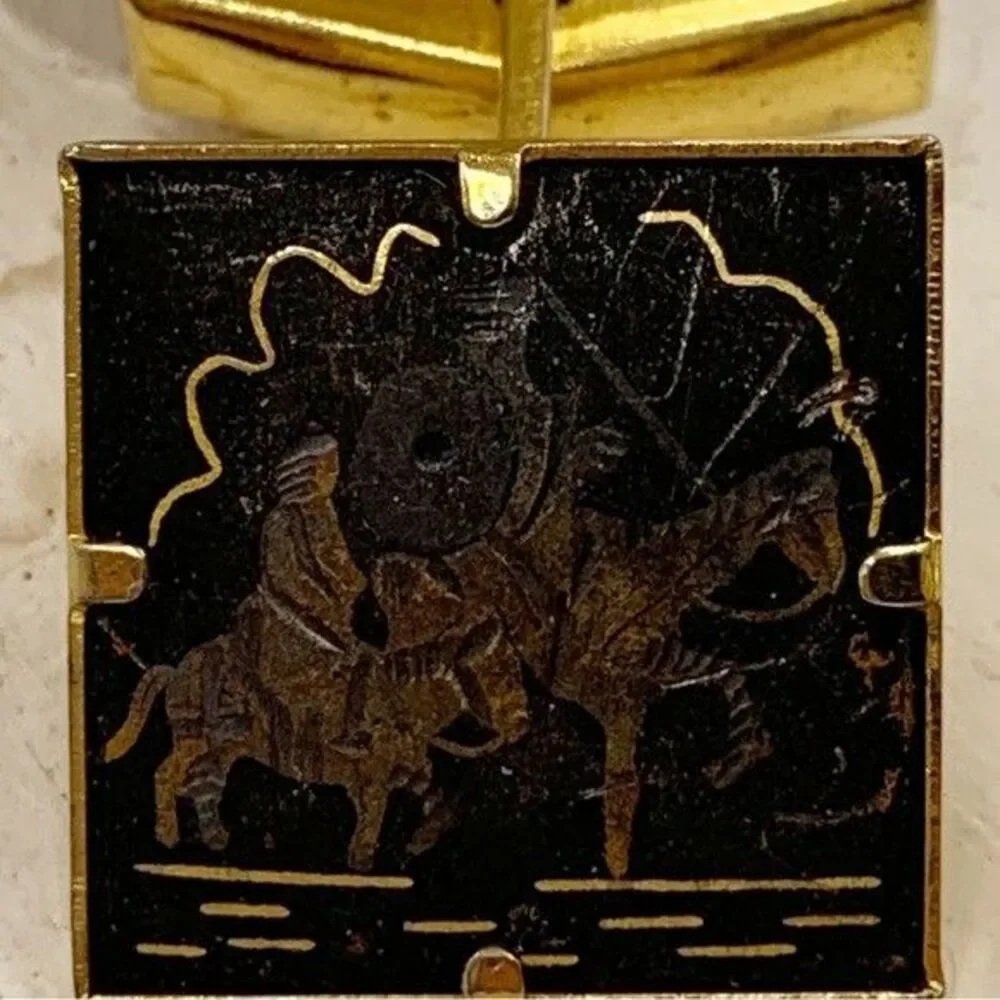 Vintage damascene men’s cufflinks men on horses black gold